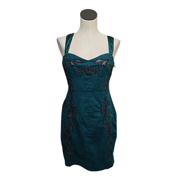 Free People Size 10 Dress Turquoise Embroidered Leaves Teal Sweetheart Neckline - Picture 1 of 12